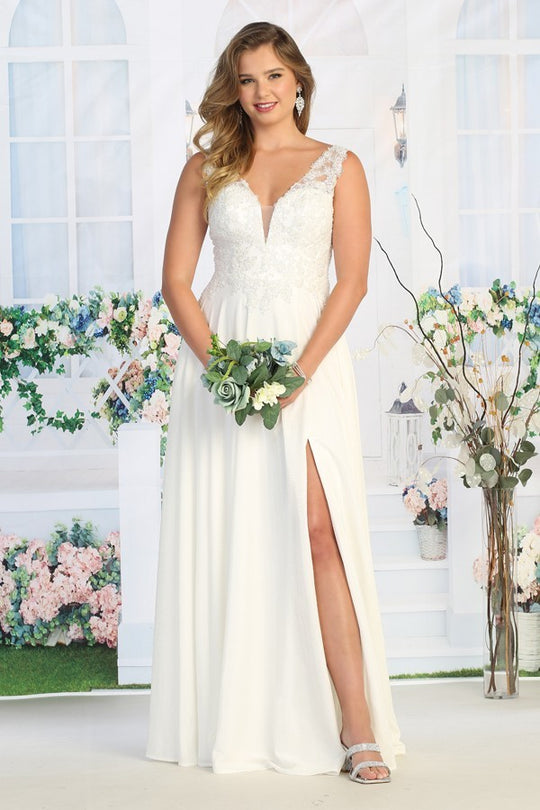 Shimmer Lace A-line Floor Length Offset Plunging Semi Wedding Dress