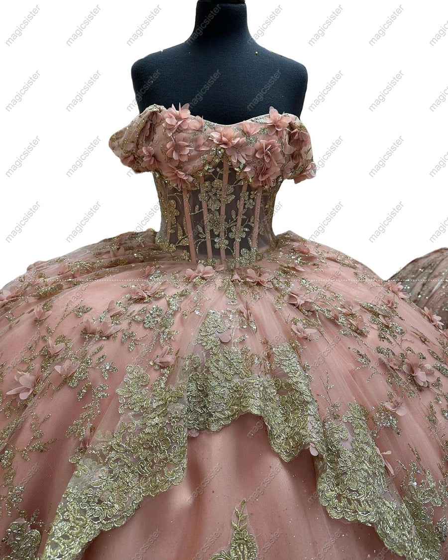 Glitter 3D Flower Quinceanera Ball Gown