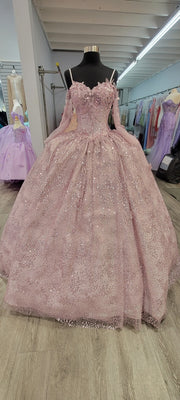 Sweetheart Embellished Long Sleeve Strapped Rose Quinceanera Ball Gown