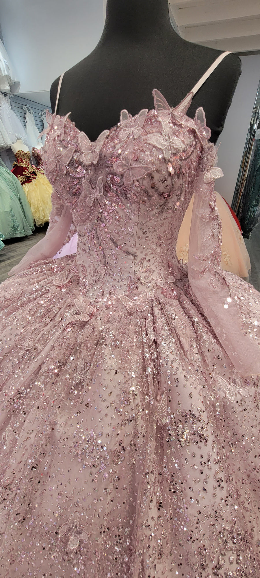 Sweetheart Embellished Long Sleeve Strapped Rose Quinceanera Ball Gown