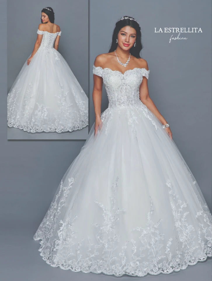 Classic Off-Shoulder Lace Ball Gown Wedding Dress with Full Tulle Skirt & Train