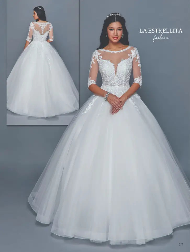 Illusion Lace 3/4 Sleeve Ball Gown Wedding Dress with Sheer Back & Tulle Skirt