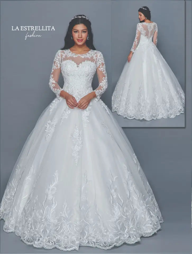 Illusion Lace Long Sleeve Ball Gown Wedding Dress with Embroidered Detail & Chapel Train