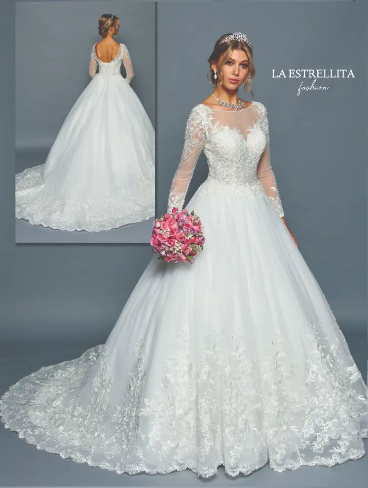Illusion Lace Long Sleeve A-Line Wedding Dress with Sheer Neckline & Chapel Train
