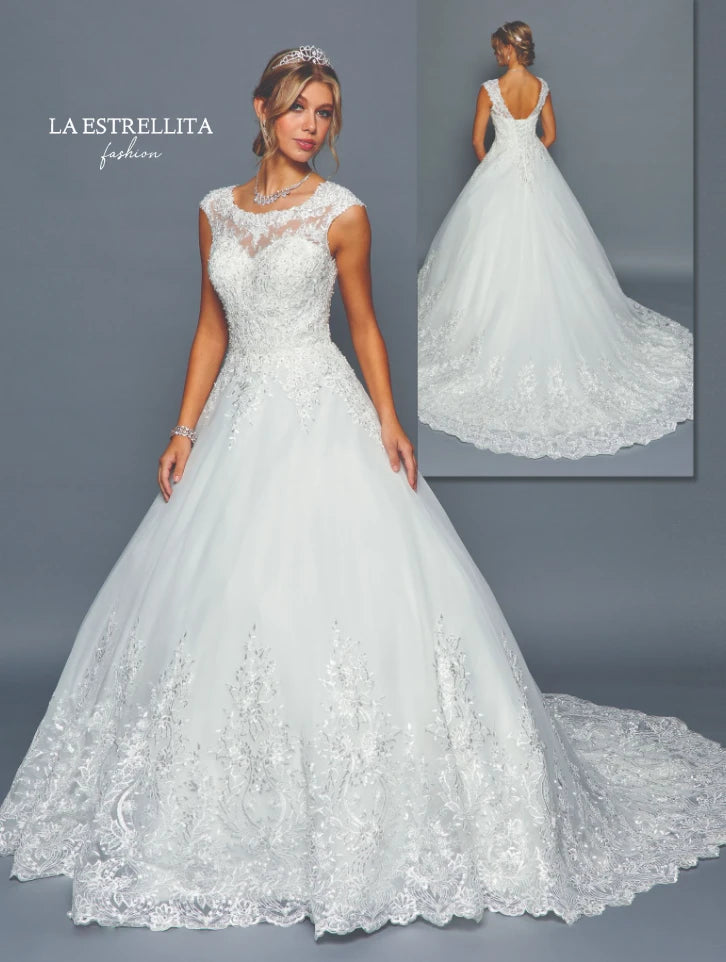 Sheer Neckline Lace Ball Gown Wedding Dress with Cap Sleeves & Embroidered Train