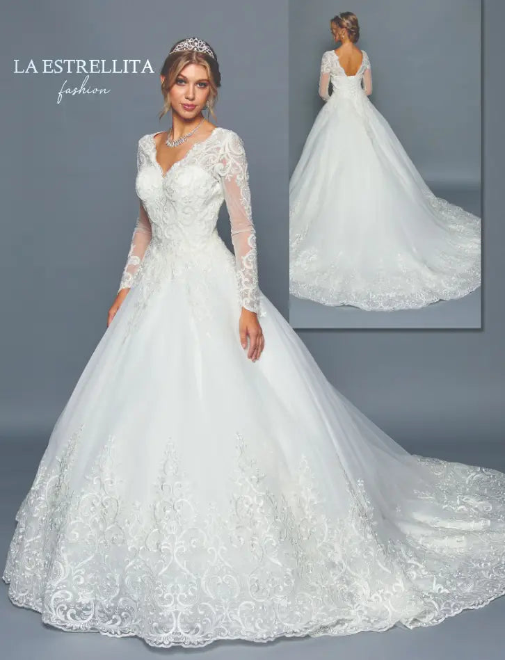 Ivory Lace Long Sleeve Ball Gown Wedding Dress with V-Neckline & Chapel Train