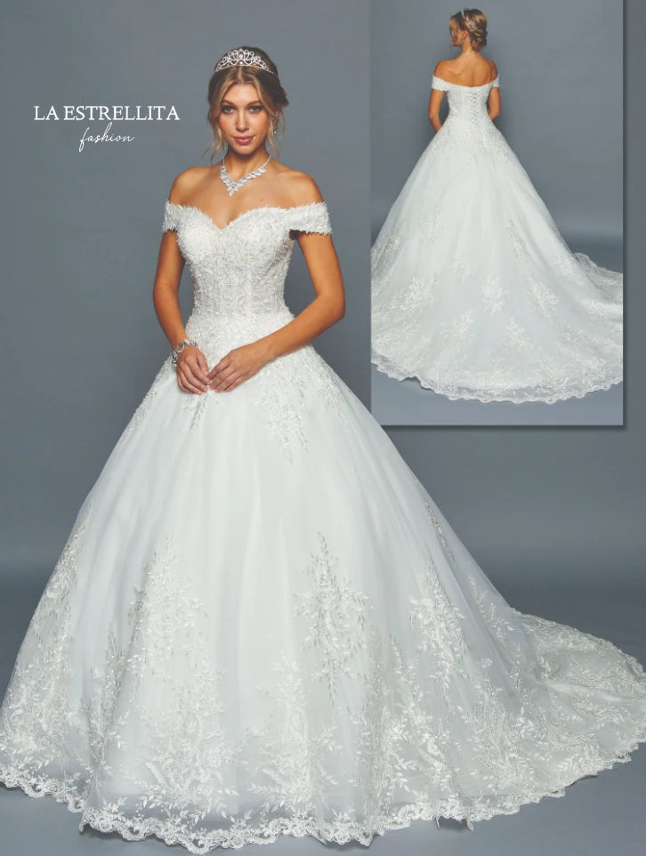 Off-Shoulder Lace Ball Gown Wedding Dress with Structured Bodice & Embroidered Train