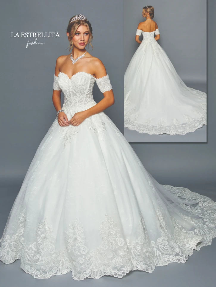 Sweetheart Off-Shoulder Lace Ball Gown Wedding Dress with Embroidered Train