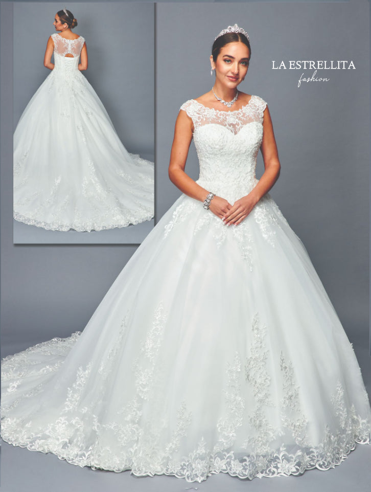 Cap Sleeve Lace Ball Gown Wedding Dress with Sheer Neckline & Embroidered Hem