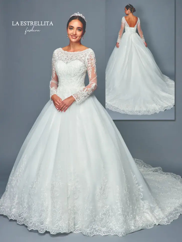 Illusion Lace Long Sleeve Bridal Ball Gown with Sweetheart Bodice & Chapel Train
