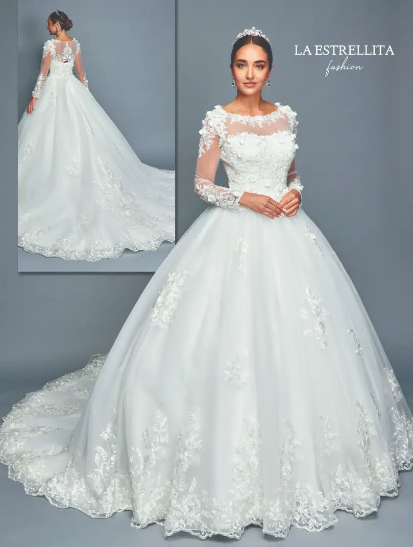 Lace Long Sleeve Ball Gown Wedding Dress with Illusion Neckline & Chapel Train
