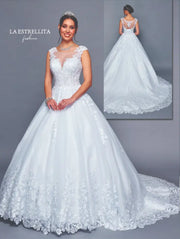 Sleeveless Lace Ball Gown Wedding Dress with Sheer Neckline & Embroidered Train