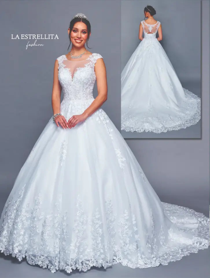 Sleeveless Lace Ball Gown Wedding Dress with Sheer Neckline & Embroidered Train