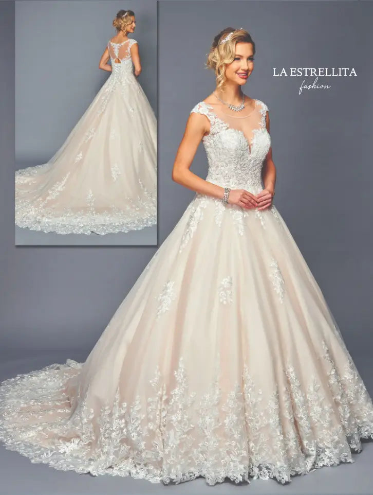 Sleeveless Lace Ball Gown Wedding Dress with Sheer Neckline & Embroidered Train