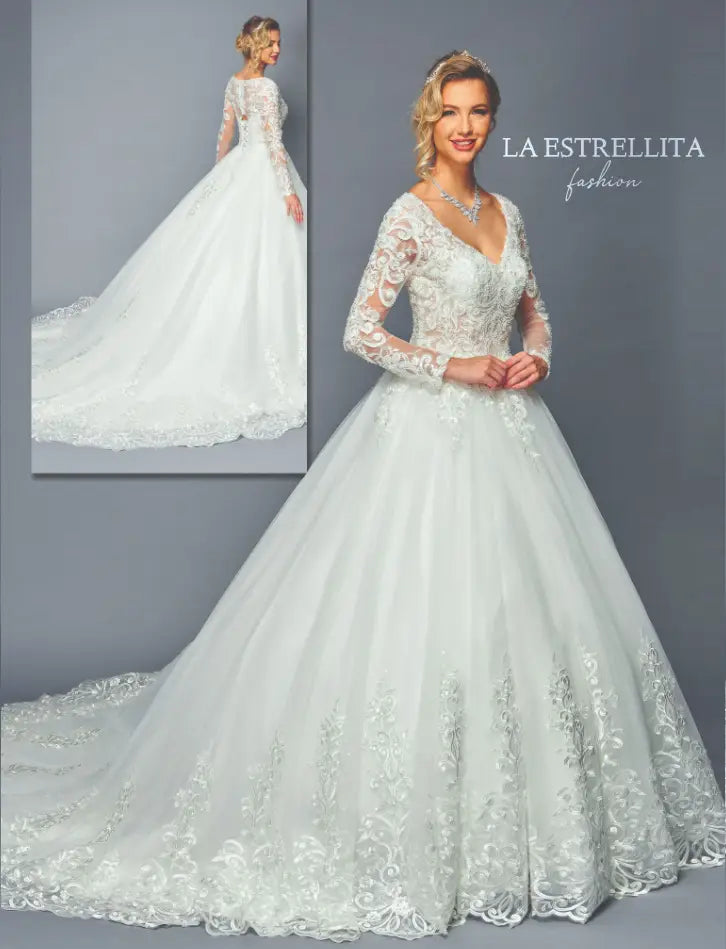 Ivory Lace Long Sleeve A-Line Wedding Dress with V-Neckline & Chapel Train