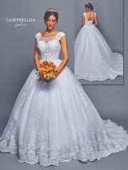 Cap Sleeve Illusion Lace Ball Gown Wedding Dress with Embroidered Train