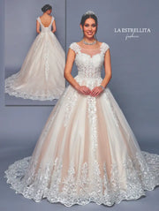 Cap Sleeve Illusion Lace Ball Gown Wedding Dress with Embroidered Train