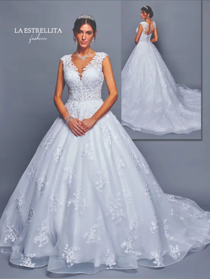 V-Neck Lace Ball Gown Wedding Dress with Sleeveless Bodice & Flowing Tulle Skirt