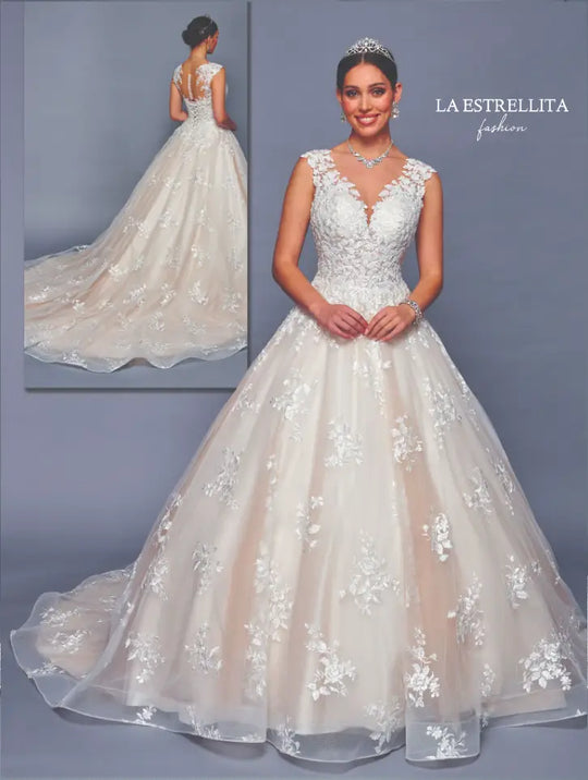 V-Neck Lace Ball Gown Wedding Dress with Sleeveless Bodice & Flowing Tulle Skirt