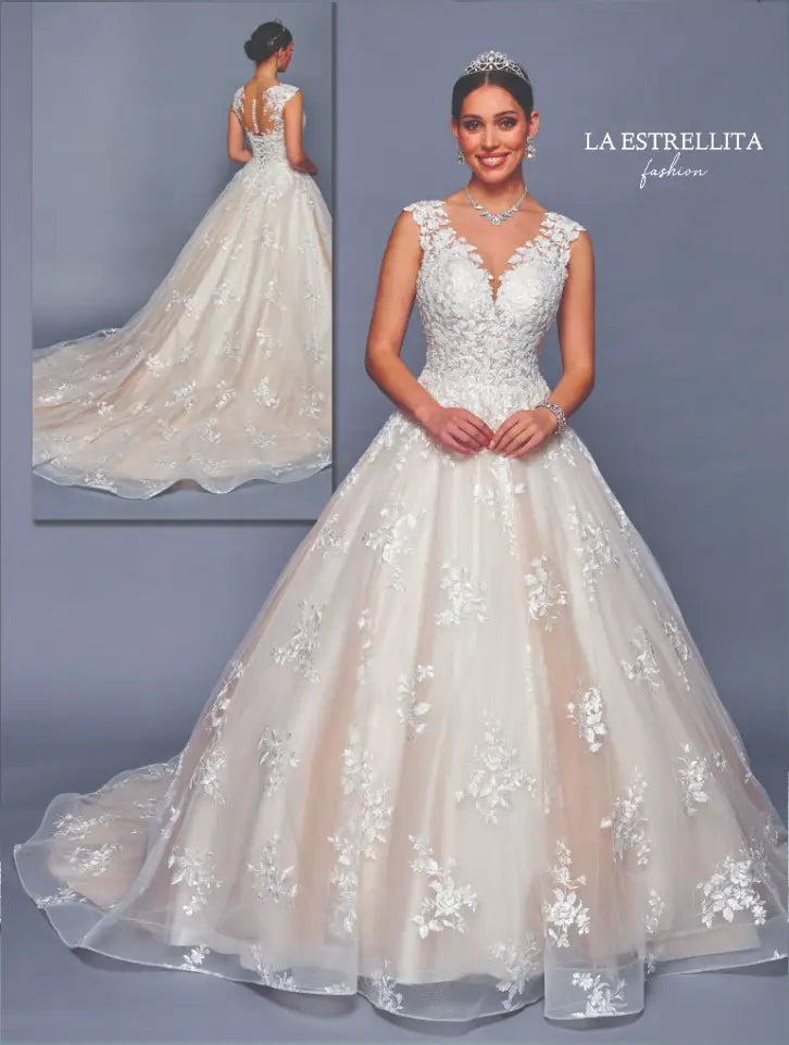 V-Neck Lace Ball Gown Wedding Dress with Sleeveless Bodice & Flowing Tulle Skirt