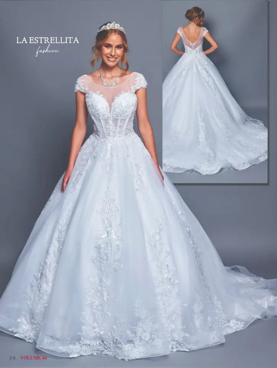 Illusion Cap Sleeve Lace Ball Gown Wedding Dress with Sheer Back & Embroidered Skirt