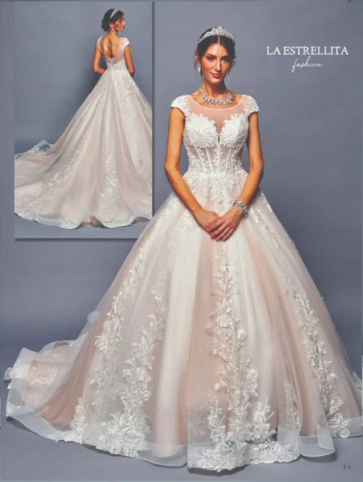 Illusion Cap Sleeve Lace Ball Gown Wedding Dress with Sheer Back & Embroidered Skirt