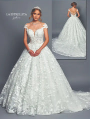 Floral Lace Ball Gown Wedding Dress with Cap Sleeves & Sheer Back