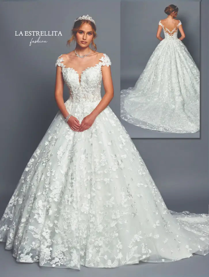 Floral Lace Ball Gown Wedding Dress with Cap Sleeves & Sheer Back