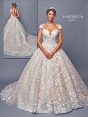 Floral Lace Ball Gown Wedding Dress with Cap Sleeves & Sheer Back