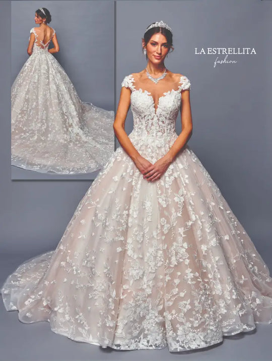 Floral Lace Ball Gown Wedding Dress with Cap Sleeves & Sheer Back
