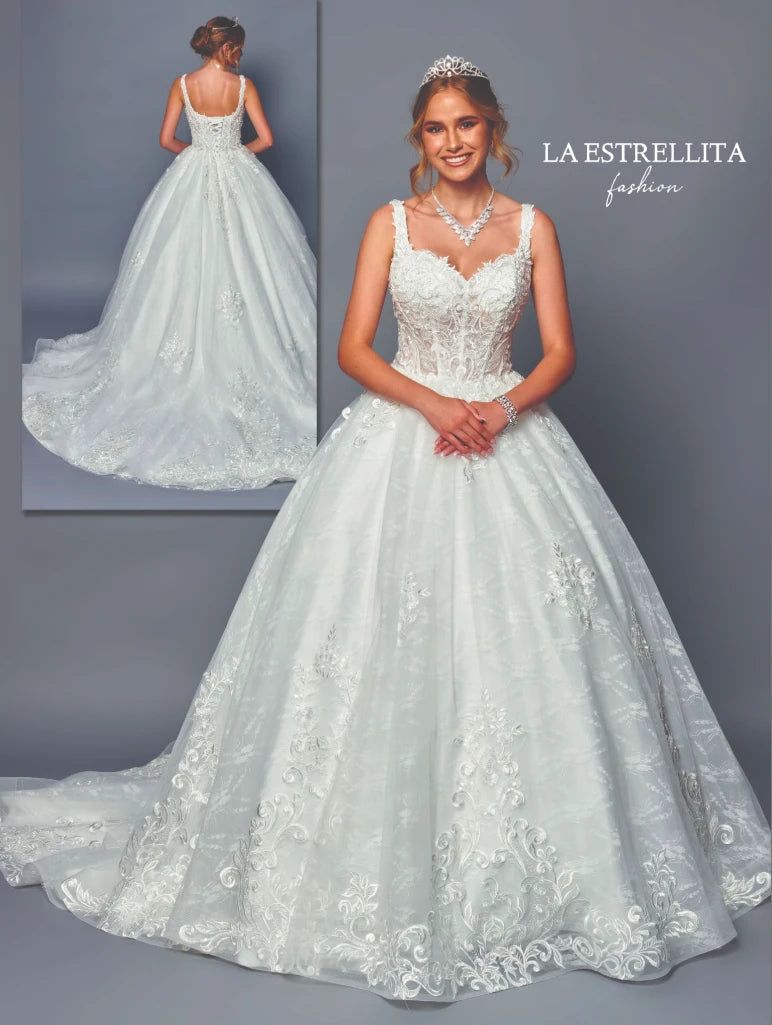 Strap Lace Ball Gown Wedding Dress with Corset Bodice & Embroidered Hem