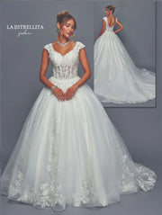 Corset Lace Ball Gown Wedding Dress with Cap Sleeves & Layered Tulle Skirt