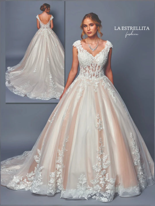Corset Lace Ball Gown Wedding Dress with Cap Sleeves & Layered Tulle Skirt
