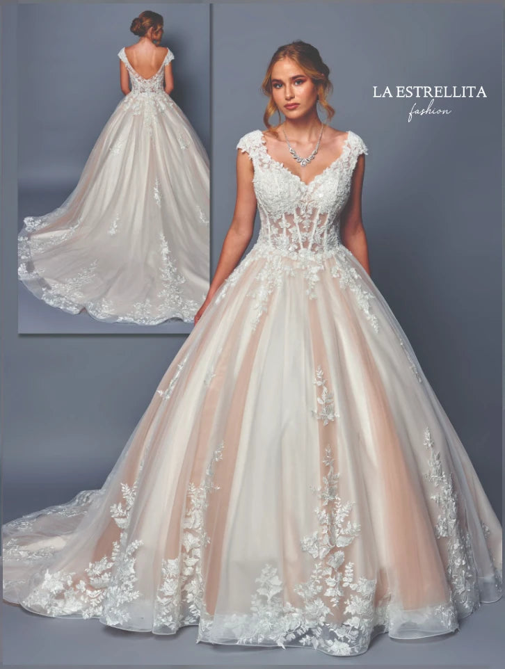 Corset Lace Ball Gown Wedding Dress with Cap Sleeves & Layered Tulle Skirt