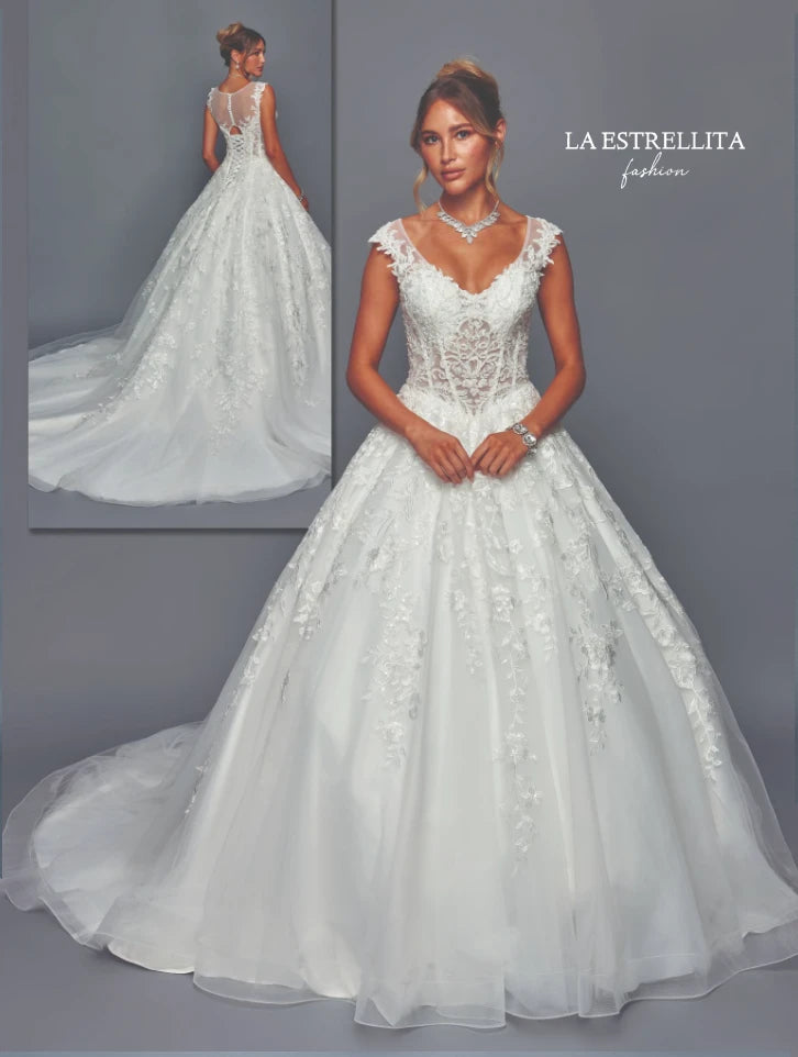 Romantic Lace Ball Gown Wedding Dress with Cap Sleeves & Sheer Back Detail