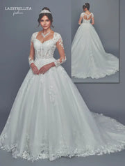 Lace Long Sleeve Ball Gown Wedding Dress with Illusion Sweetheart Neckline & Chapel Train