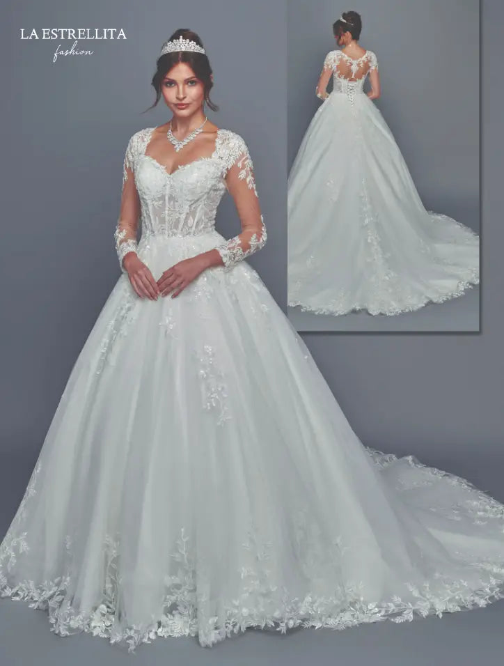 Lace Long Sleeve Ball Gown Wedding Dress with Illusion Sweetheart Neckline & Chapel Train
