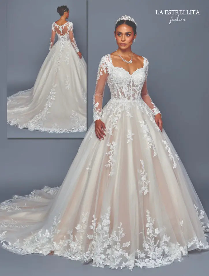 Lace Long Sleeve Ball Gown Wedding Dress with Illusion Sweetheart Neckline & Chapel Train