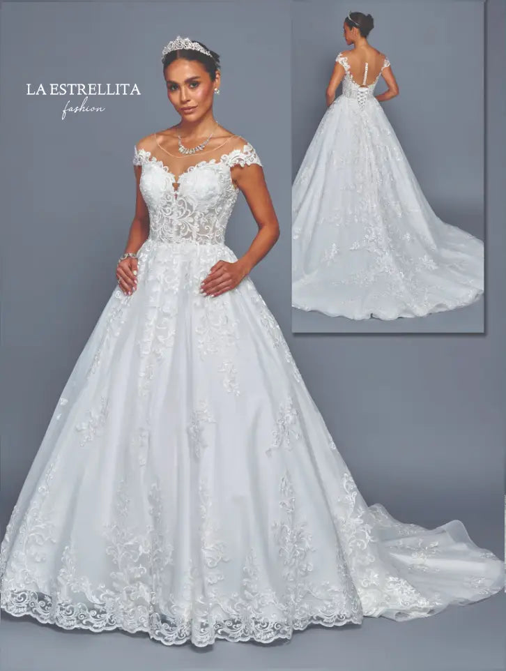Off-Shoulder Lace Ball Gown Wedding Dress with Illusion Back & Embroidered Train