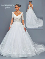 Lace Long Sleeve Ball Gown Wedding Dress with Illusion V-Neckline & Chapel Train