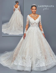 Lace Long Sleeve Ball Gown Wedding Dress with Illusion V-Neckline & Chapel Train