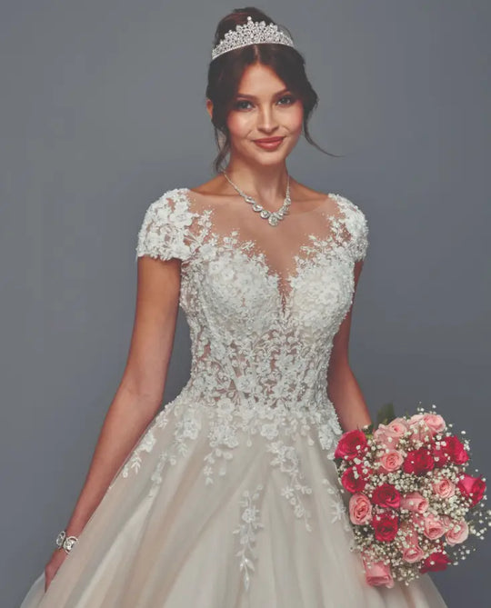Champagne Lace Cap Sleeve A-Line Wedding Dress with Illusion Neckline & Chapel Train