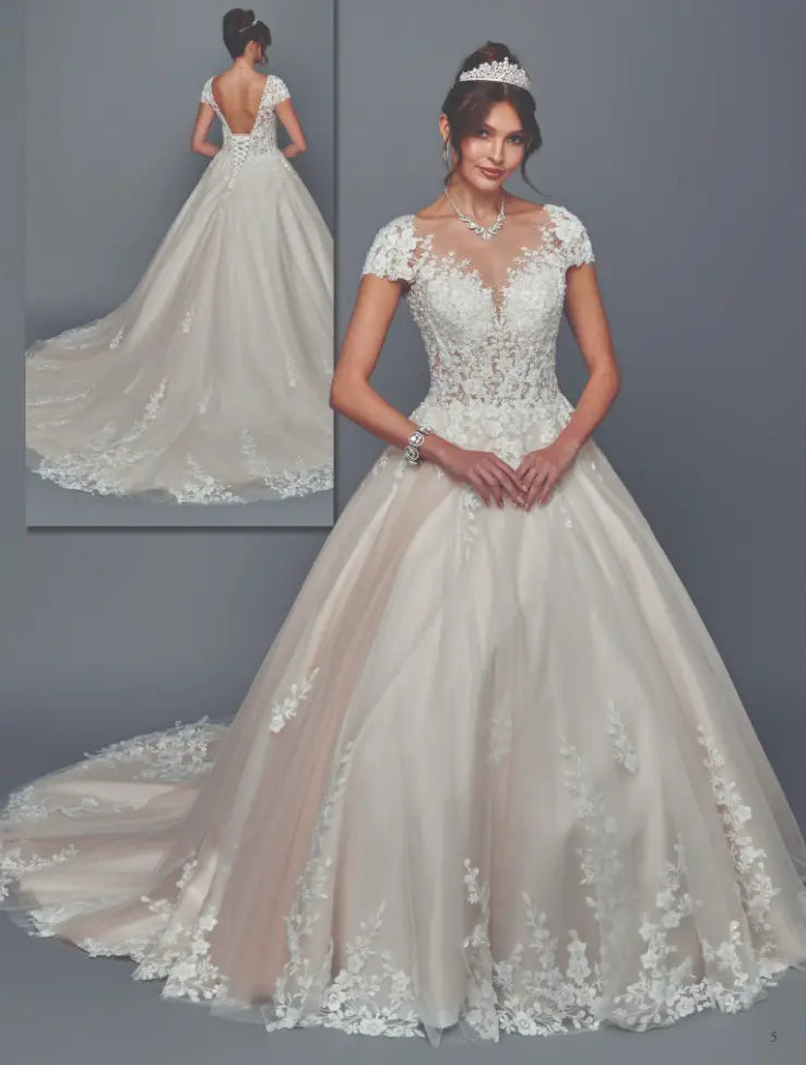 Champagne Lace Cap Sleeve A-Line Wedding Dress with Illusion Neckline & Chapel Train