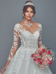 Nude Illusion Lace Long Sleeve A-Line Wedding Dress with Chapel Train