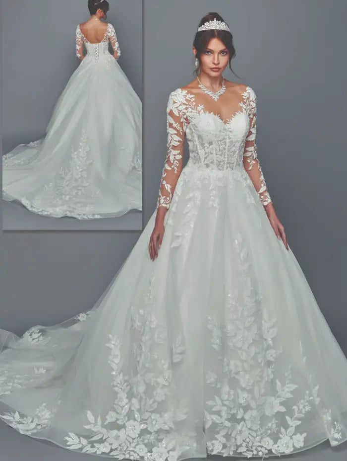 Nude Illusion Lace Long Sleeve A-Line Wedding Dress with Chapel Train
