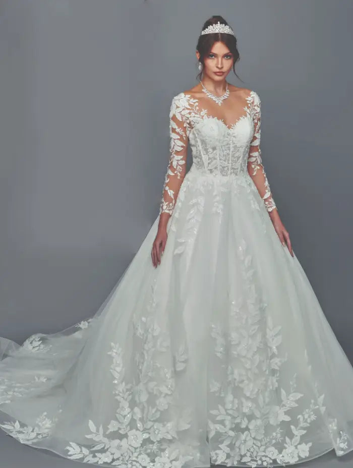 Nude Illusion Lace Long Sleeve A-Line Wedding Dress with Chapel Train