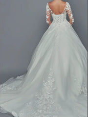 Nude Illusion Lace Long Sleeve A-Line Wedding Dress with Chapel Train