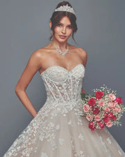 Champagne Lace Strapless Ball Gown Wedding Dress with Sweetheart Neckline & Chapel Train