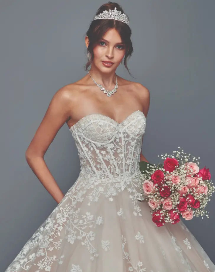 Champagne Lace Strapless Ball Gown Wedding Dress with Sweetheart Neckline & Chapel Train