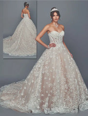 Champagne Lace Strapless Ball Gown Wedding Dress with Sweetheart Neckline & Chapel Train